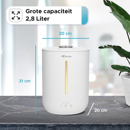 Qumax Luchtbevochtiger met Aromatherapie – Air Humidifier – Diffuser voor Woonkamer, Kantoor, Babykamer, Slaapkamer – Verschillende Standen – Stil Ontwerp – Vernevelaar 2,8L