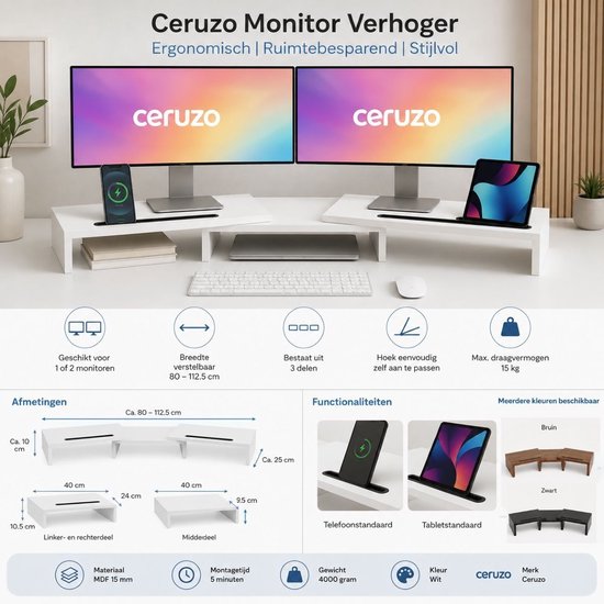 Ceruzo Monitor Verhoger - Voor 1 of 2 Schermen - Verstelbaar 80-112.5 cm - Wit