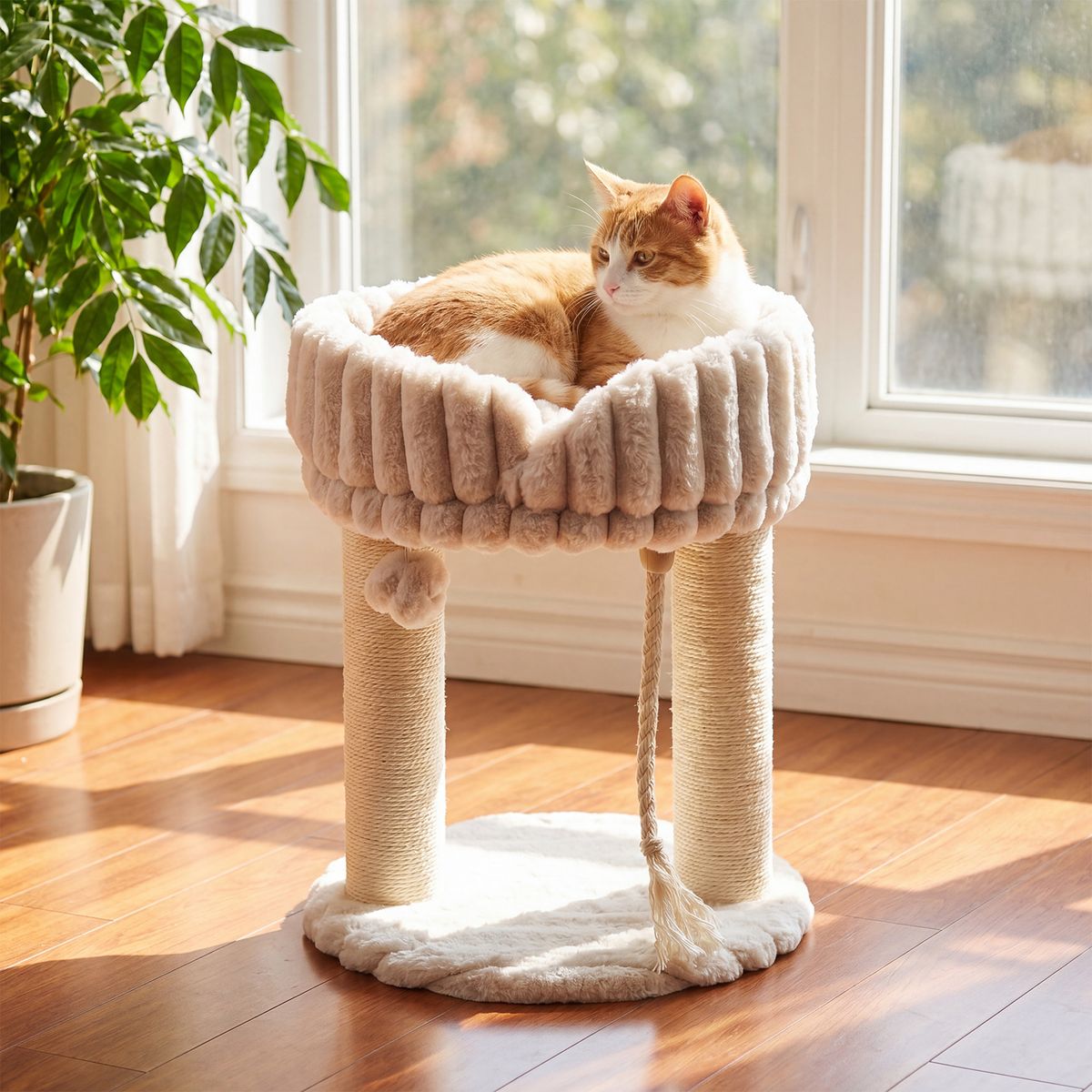 Coast Kattenkrabpaal met Ligplatform - Sisalstammen en Pluche Speelbal - Compact 40 x 40 x 50,5 cm - Beige/Grijs/Wit