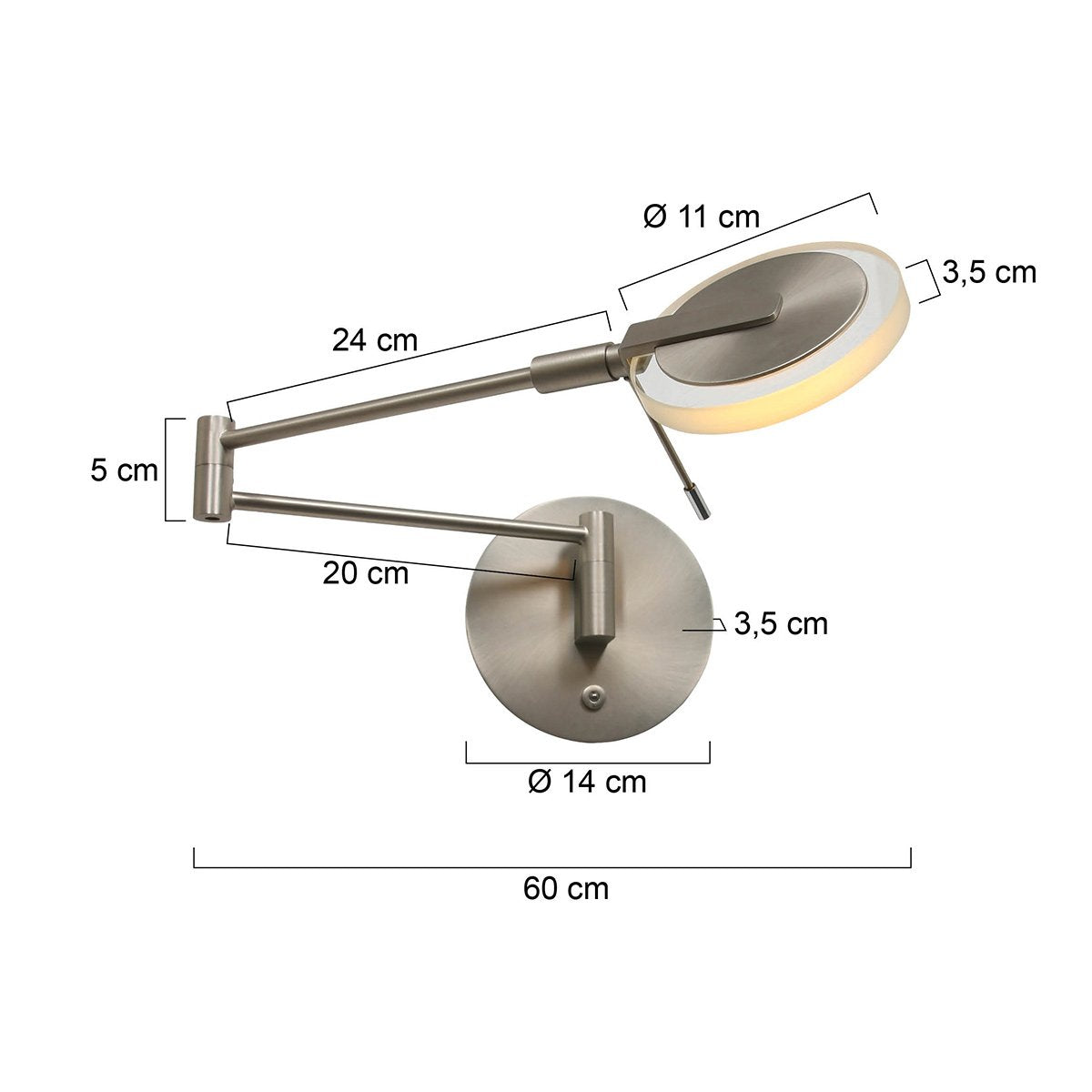 Steinhauer Turound LED - Wandlamp Modern - Staal - H:17cm - Ø:14cm - Universeel - Voor Binnen - Metaal - Wandlampen - Slaapkamer - Woonkamer