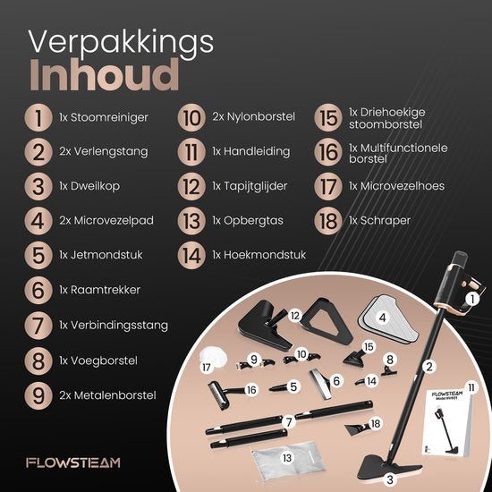FLOWSTEAM® Luxe Stoomreiniger - 13 Opzetstukken - 120° Stoom – Tapijtreiniger – Vlekkenreiniger – Handstomer – 5M Snoer - Inclusief 2 Microvezeldoekjes