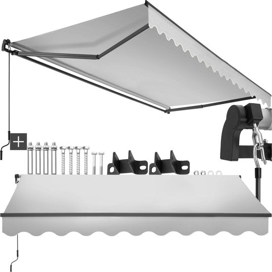 tectake® Zonnescherm met Knikarm - 300 x 250 cm - Zonneluifel - Zonwering voor Raam, Balkon, Buiten - Te Monteren aan Muur - Water- en UV-Bestendig - Lichtgrijs