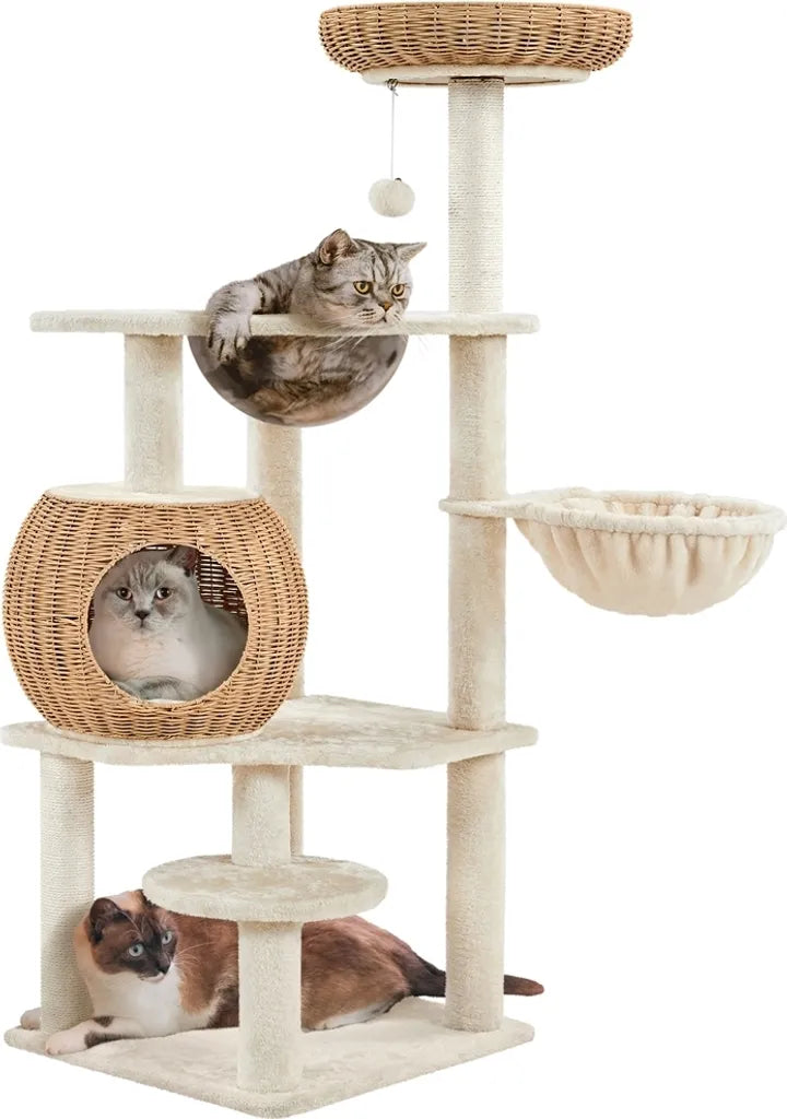 Yaheetech Krabpaal 137,5 cm - Beige - Kattenboom met Rattan Design, Kattenhuis, Acryl Ligkom en Sisalpalen