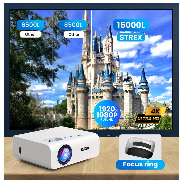 Strex - Mini beamer/projector - 1080P Full HD - 15000 lumen - Draadloos streamen - WiFi - Bluetooth - Wit