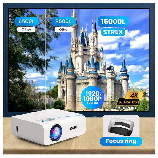 Strex - Mini beamer/projector - 1080P Full HD - 15000 lumen - Draadloos streamen - WiFi - Bluetooth - Wit