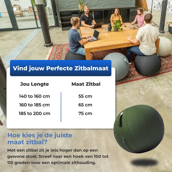 Backerz Zitbal 55 CM - Zitballen met Hoes Linnen - Ergonomische Bureaustoel Kantoor en Thuis - Luxe Yoga Bal - Olijf Groen