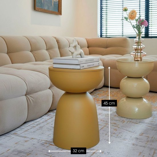 Mica Decorations Elliot Tafel - Salontafel Compact en Lichtgewicht - Nachtkastje met IJzeren Design - Bijzettafel voor de Woonkamer - Rond Tafelblad - H45 x Ø32 cm - Okergeel