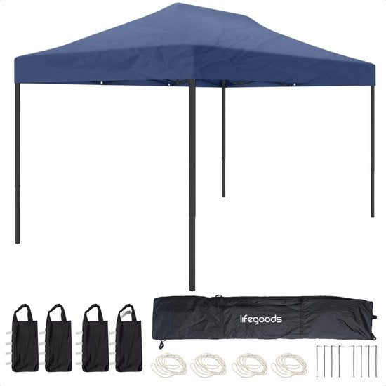 LifeGoods Partytent - Paviljoen - EasyUp - Opvouwbaar - Waterdicht - Met Draagtas met wieltjes - 440 x 297 cm - Donkerblauw