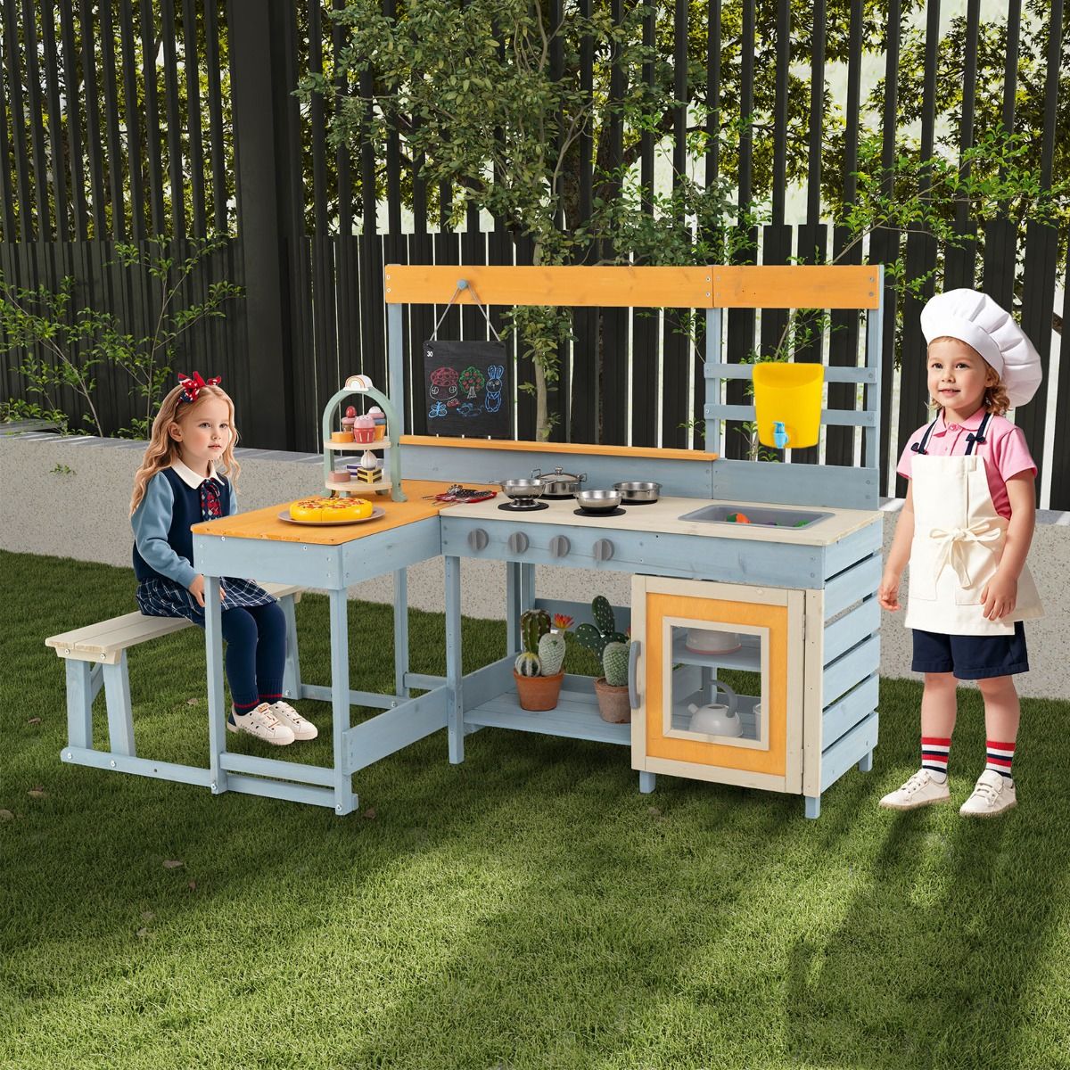 Coast Speelkeuken voor kinderen - 2-in-1 speelkeuken en eethoek - met opbergruimte en accessoires - grijs - 150 x 71 x 99 cm