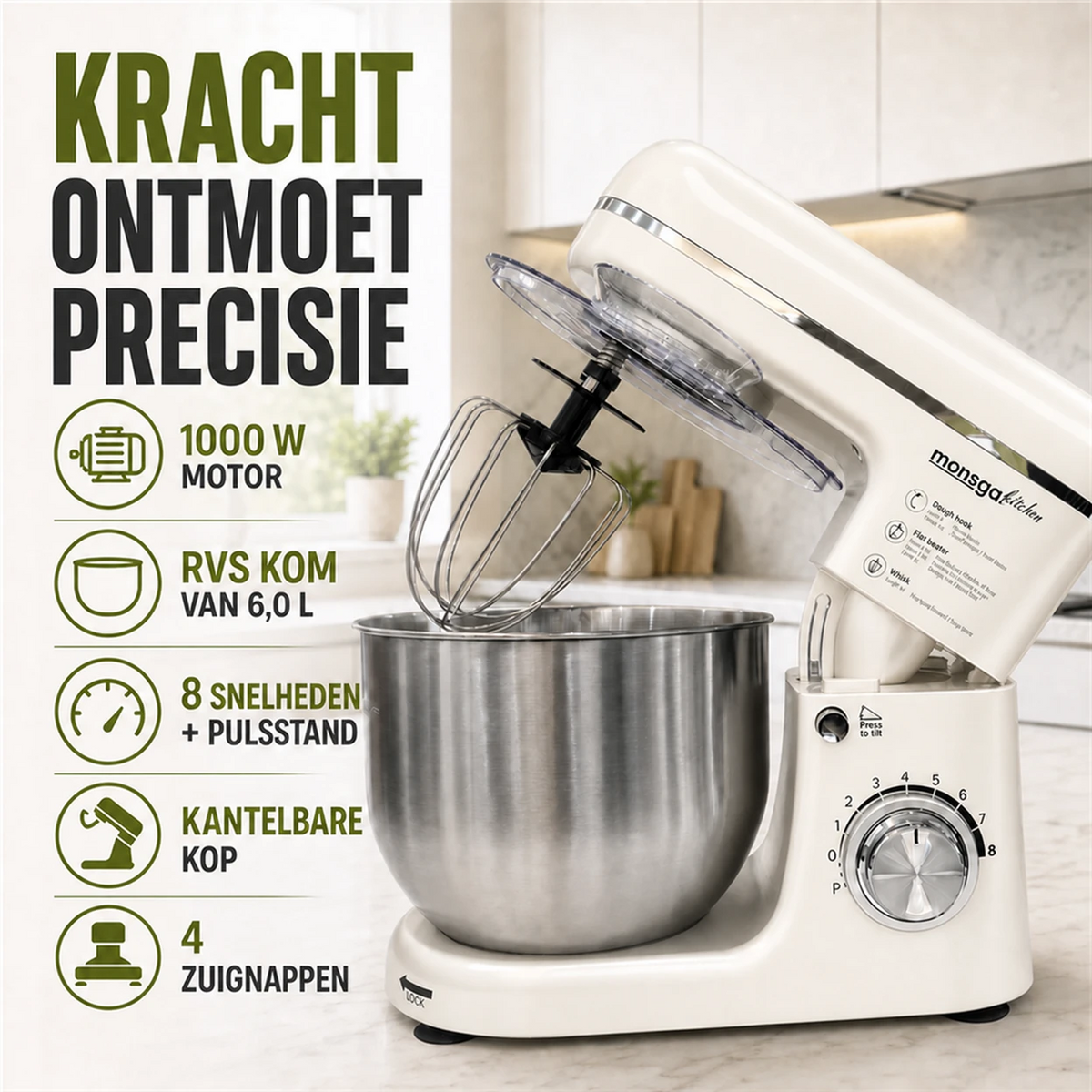 MONSGA SM100 keukenmachine - 1000 W - 5 L mengkom - crèmewit