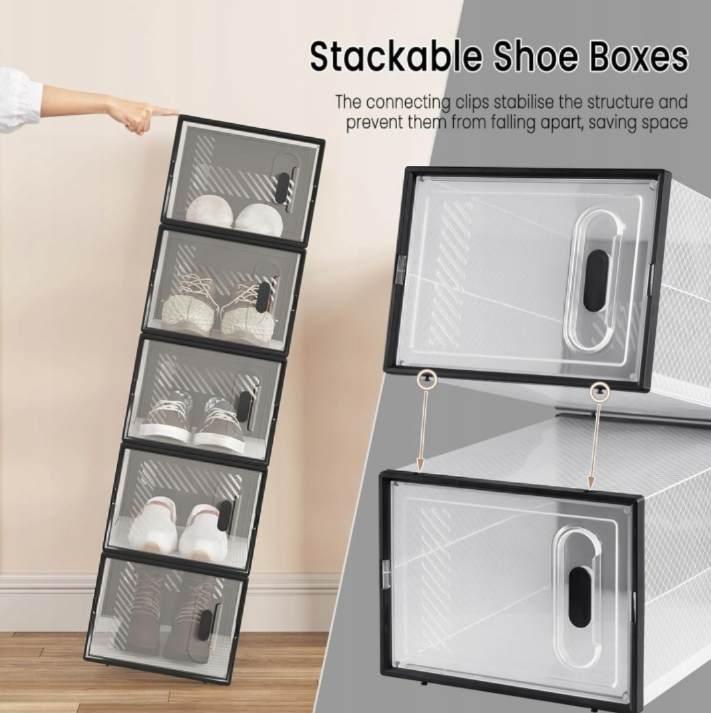 WOLTU Schoenenkast Transparant Zwart - Set van 12 Stapelbare Dozen 35x25x19 cm
