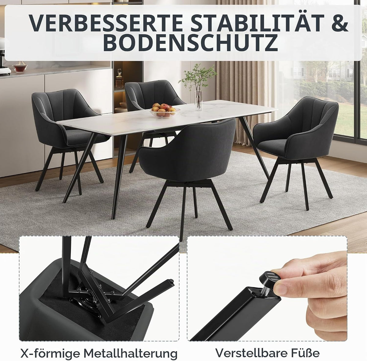 Yaheetech Eetkamerstoel Draaibaar 360° met Armleuningen - Fluweel - 55x58,5x82 cm - Donkergrijs