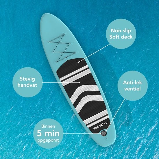 LifeGoods SUP Board - Opblaasbaar Paddle Board - Complete Set - Max. 135KG - 320x81cm - Mintgroen/Zwart