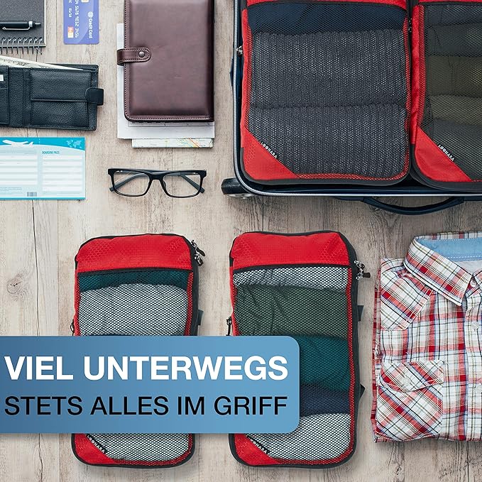 Packing Cubes met compressie voor koffer en rugzak incl. draagzak, rood