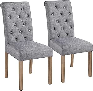 Yaheetech Eetkamerstoelen Set van 2 Donkergrijs – Stoffen Stoelen met Hoge Rugleuning en Gewatteerde Zitting