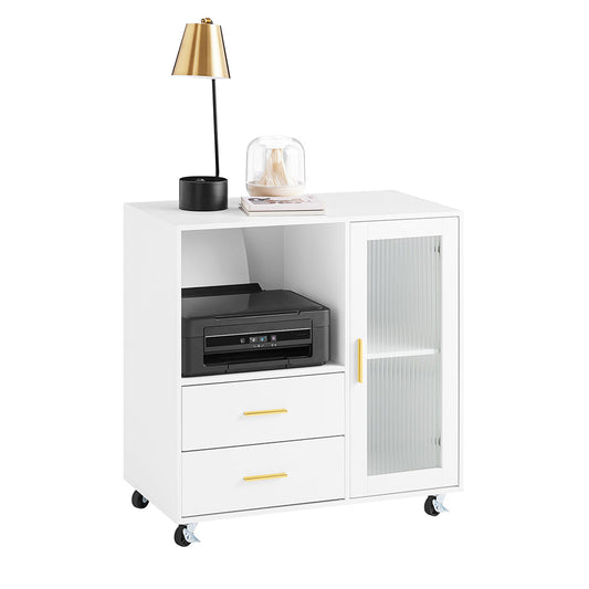 SoBuy ASK09-W bureaukast met wielen en rolprinterhouder – wit met gouden accenten – 75 x 40 x 76 cm