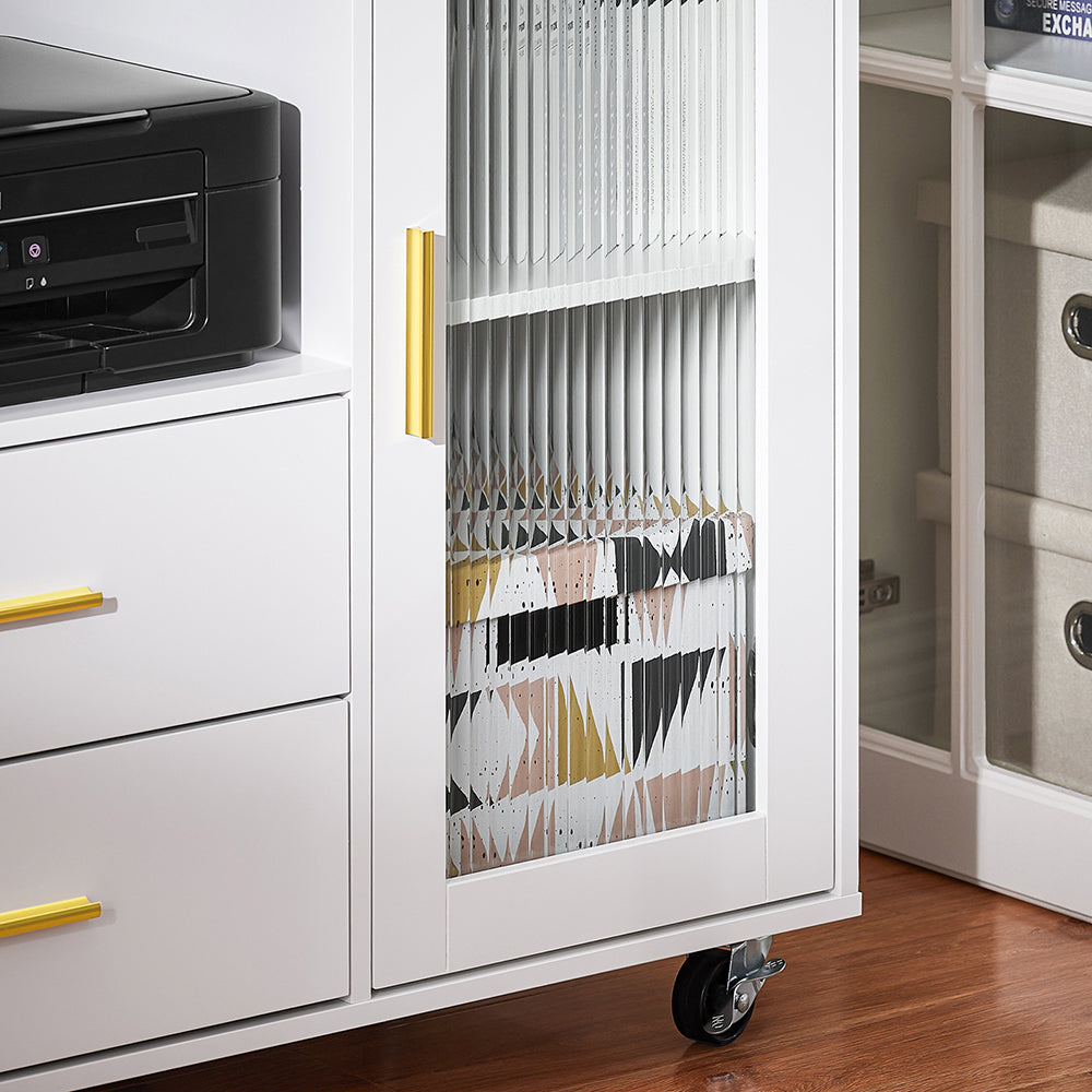 SoBuy ASK09-W bureaukast met wielen en rolprinterhouder – wit met gouden accenten – 75 x 40 x 76 cm