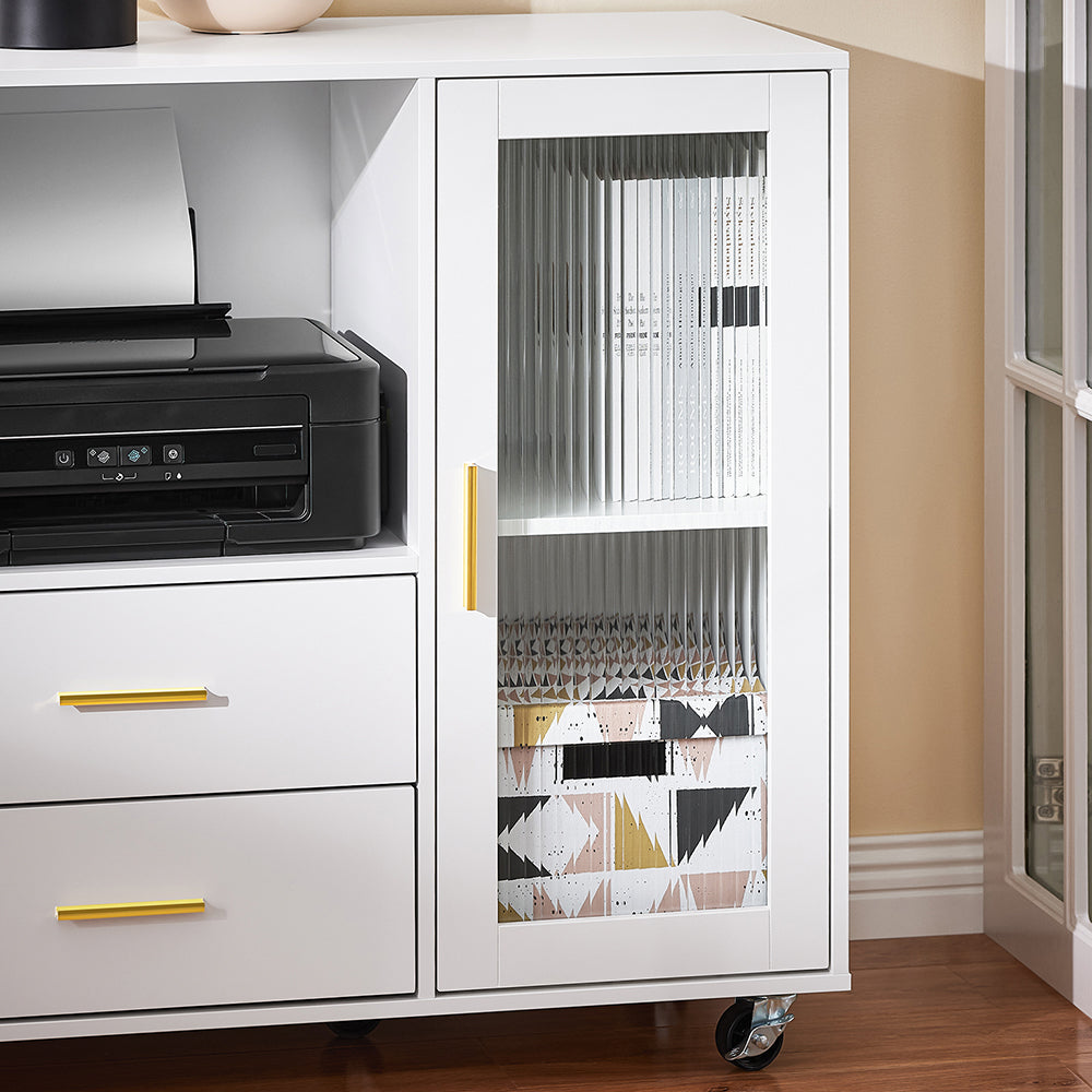 SoBuy ASK09-W bureaukast met wielen en rolprinterhouder – wit met gouden accenten – 75 x 40 x 76 cm
