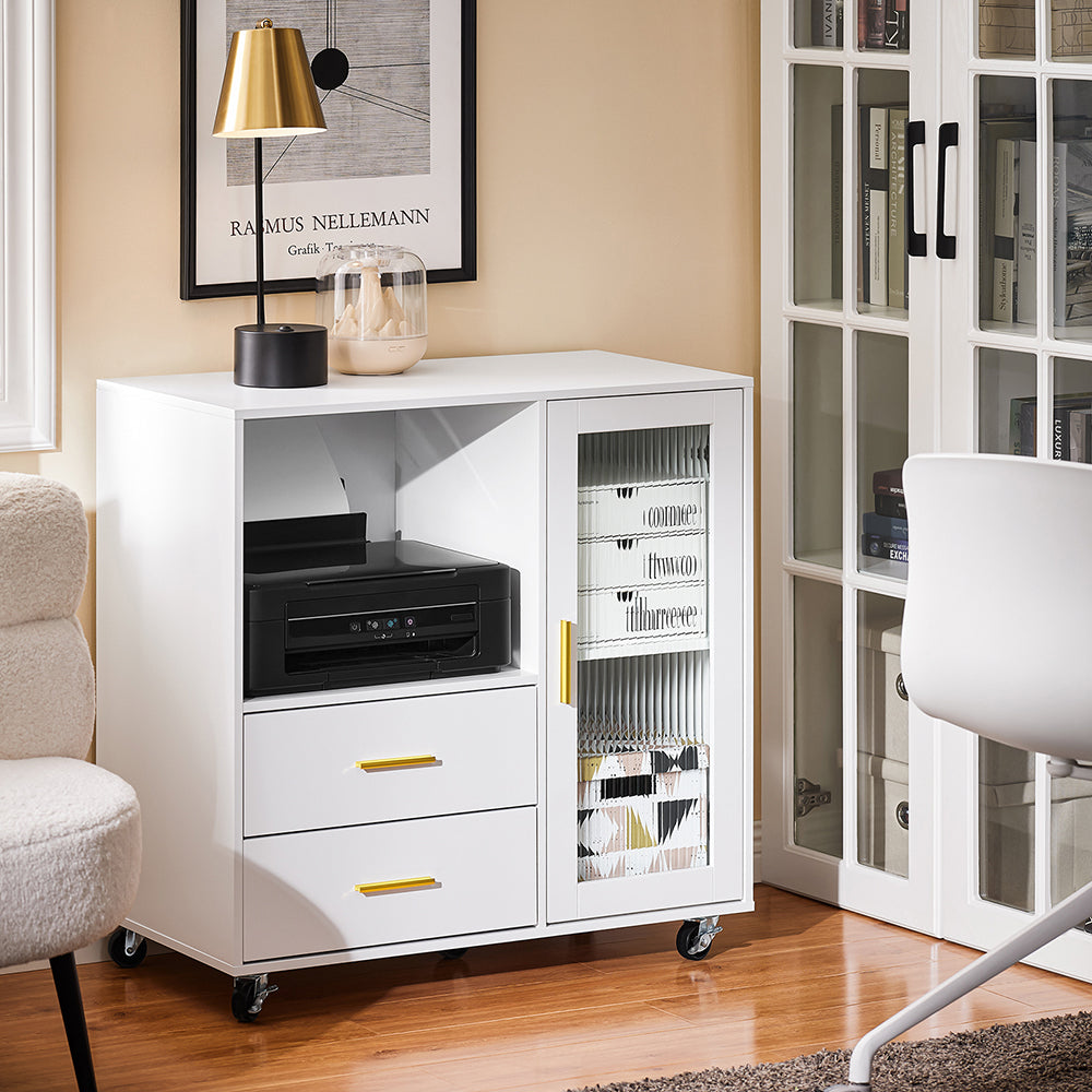 SoBuy ASK09-W bureaukast met wielen en rolprinterhouder – wit met gouden accenten – 75 x 40 x 76 cm