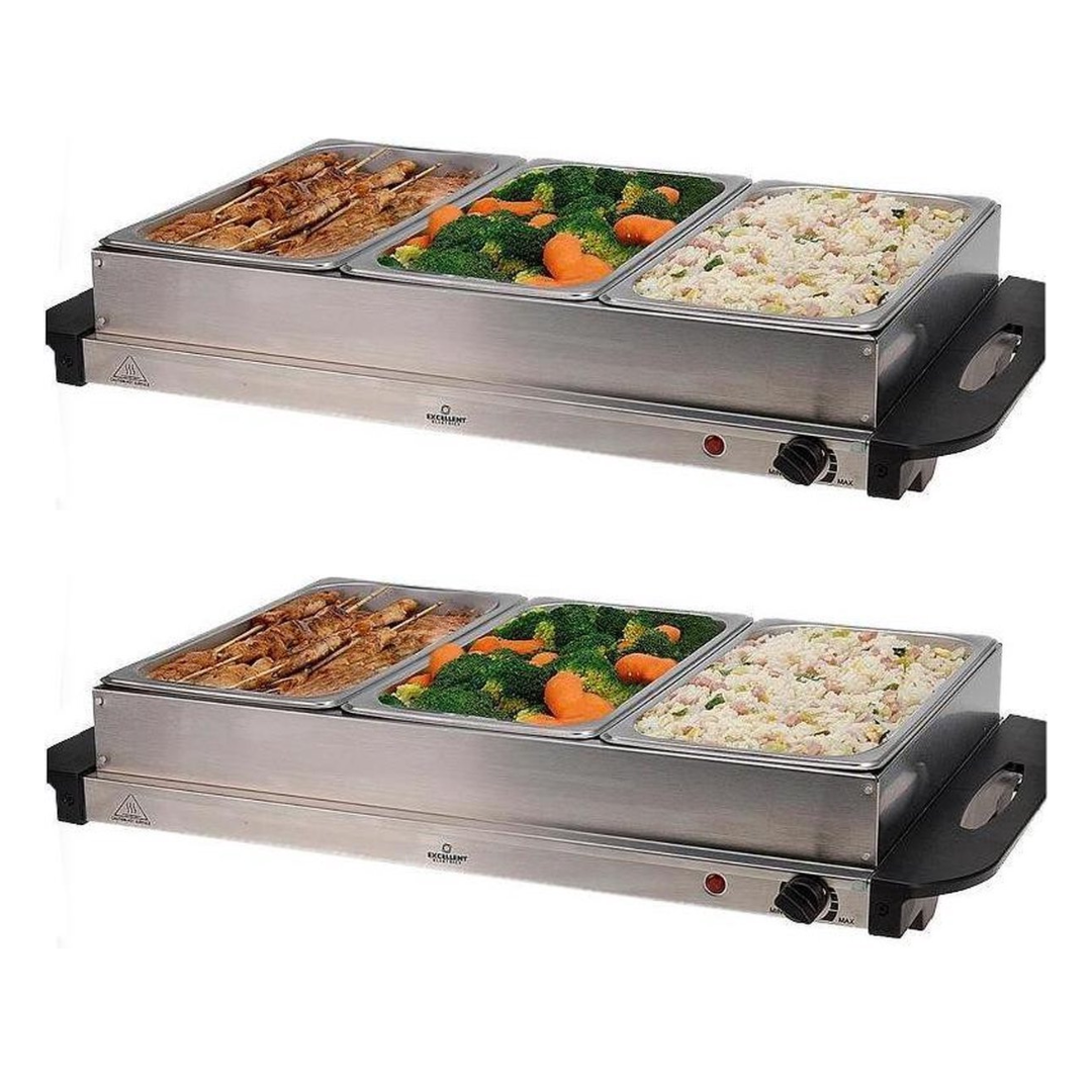 Excellent Electrics - Buffetwarmer Set van 2 - 2-in-1 Warmhoudplaat - 3 RVS Bakken (2L per stuk) - 300W - 53 x 35 cm