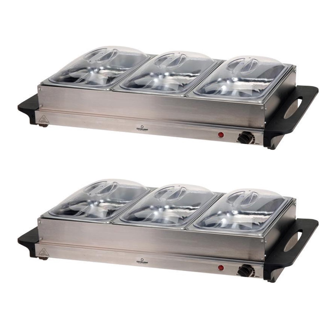 Excellent Electrics - Buffetwarmer Set van 2 - 2-in-1 Warmhoudplaat - 3 RVS Bakken (2L per stuk) - 300W - 53 x 35 cm
