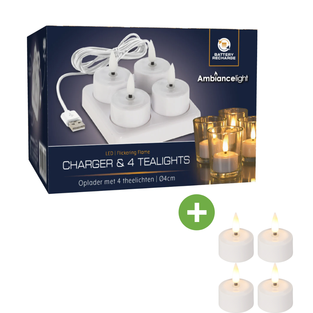 Koopman Oplaadbare LED Theelicht Set - 4-delig - MET oplader - Inclusief 4 Extra Theelichtjes - Wit
