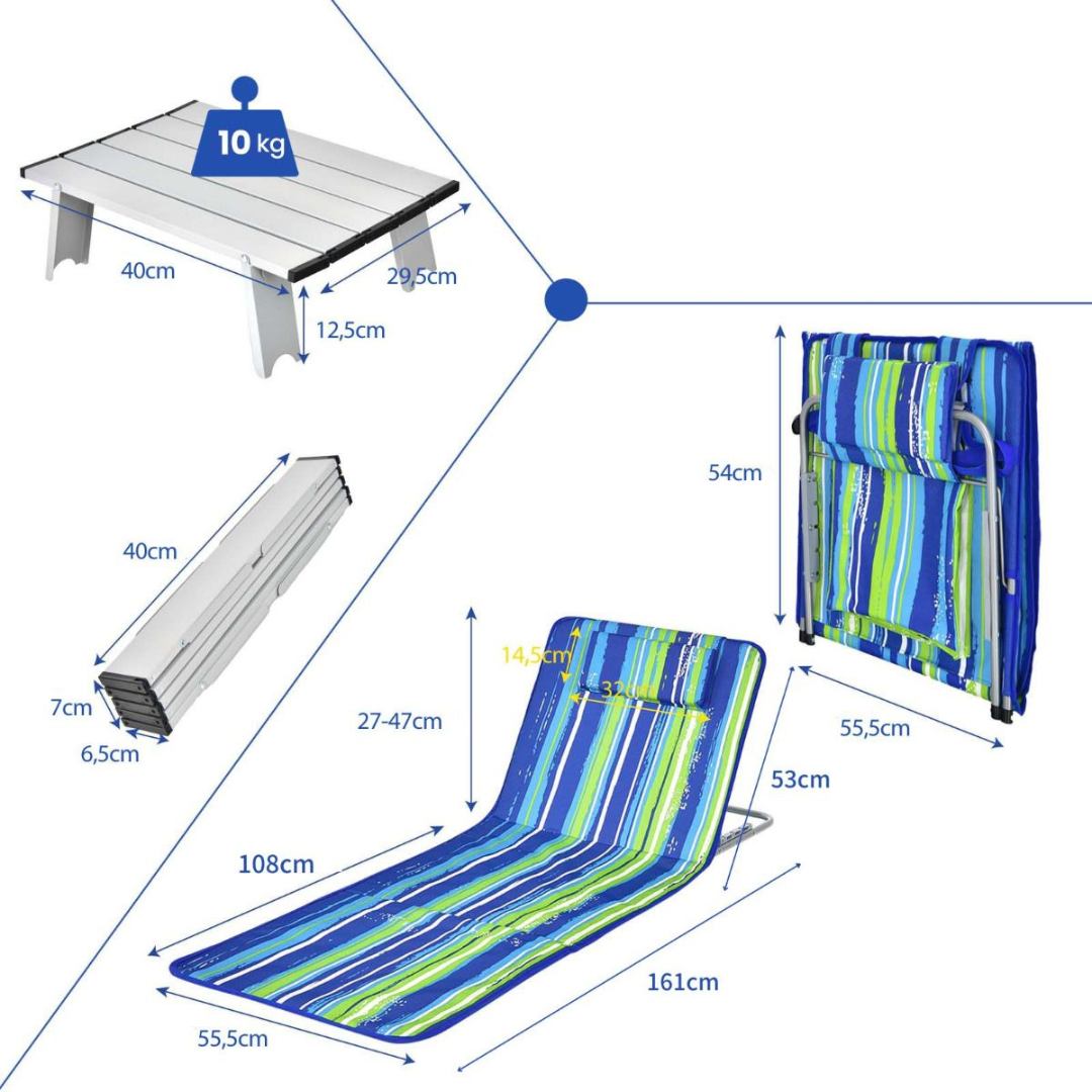 Coast Strandmatten (2 Stuks) met Bijzettafel - 151 x 56 x 27 cm - Groen / Blauw