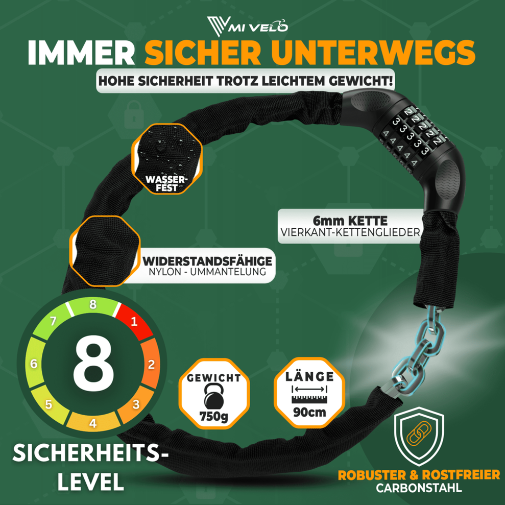MIVELO Fietsketting met Cijferslot – 90 cm – Staal – Zwart – Veilig & Universeel