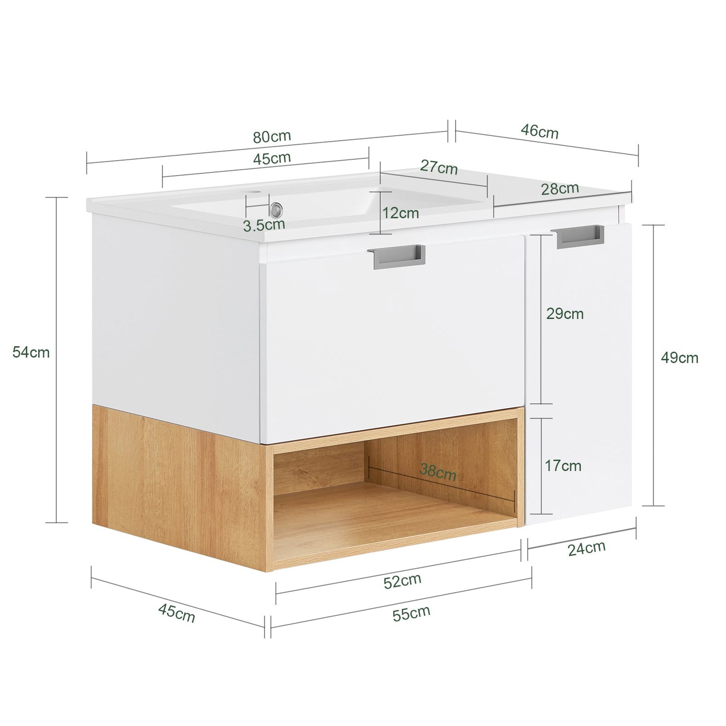 SoBuy BZR178-WN Wastafelonderkast met wastafel – 80x54x46 cm – Wit/Naturel – Smal badkamermeubel
