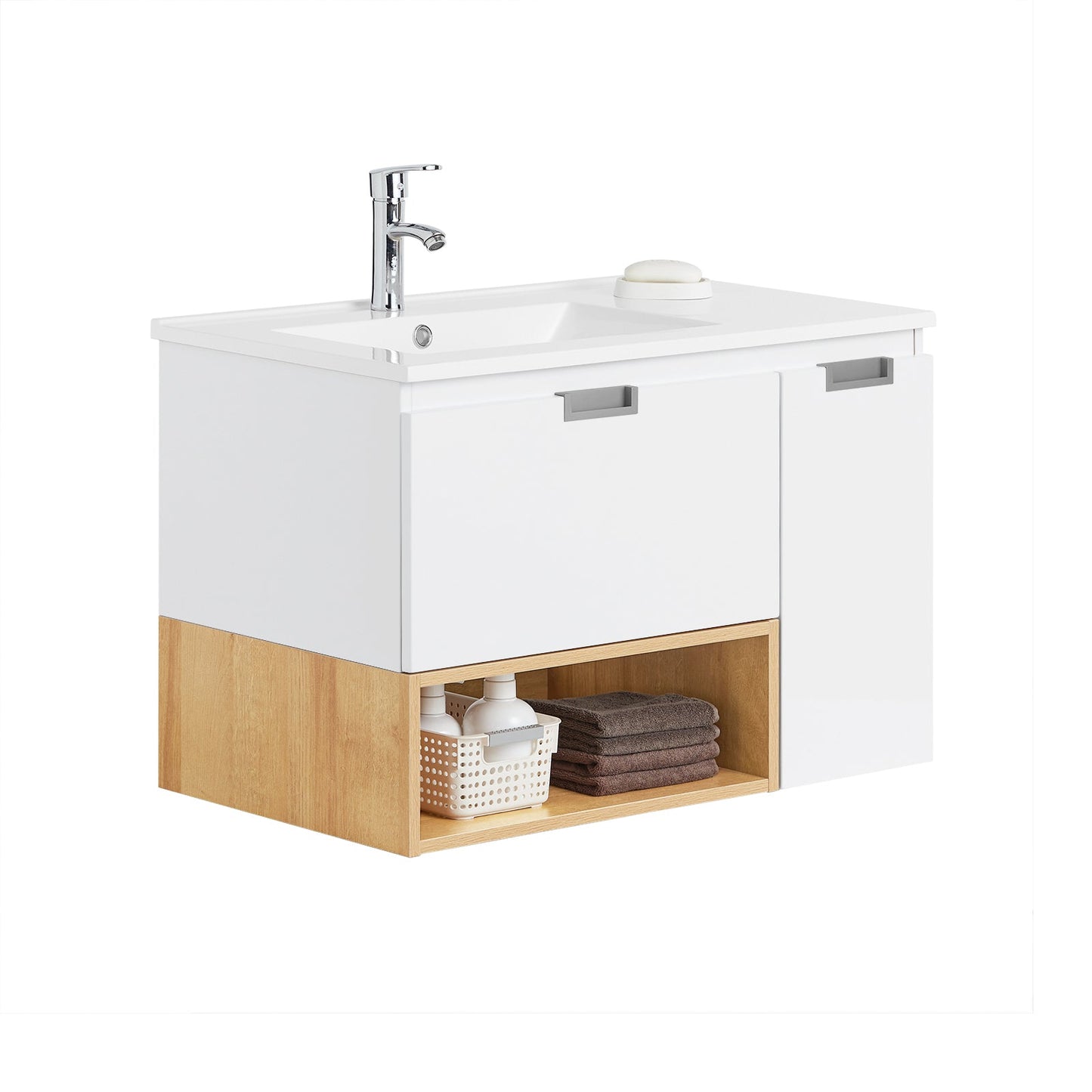 SoBuy BZR178-WN Wastafelonderkast met wastafel – 80x54x46 cm – Wit/Naturel – Smal badkamermeubel