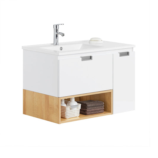 SoBuy BZR178-WN Wastafelonderkast met wastafel – 80x54x46 cm – Wit/Naturel – Smal badkamermeubel