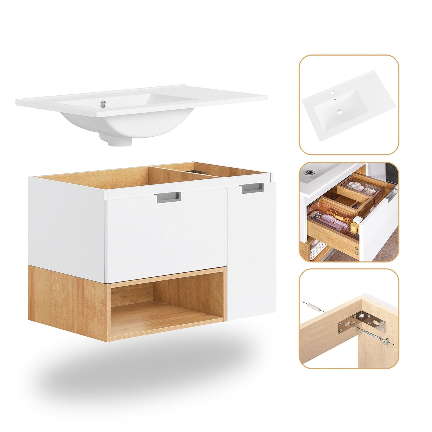 SoBuy BZR178-WN Wastafelonderkast met wastafel – 80x54x46 cm – Wit/Naturel – Smal badkamermeubel