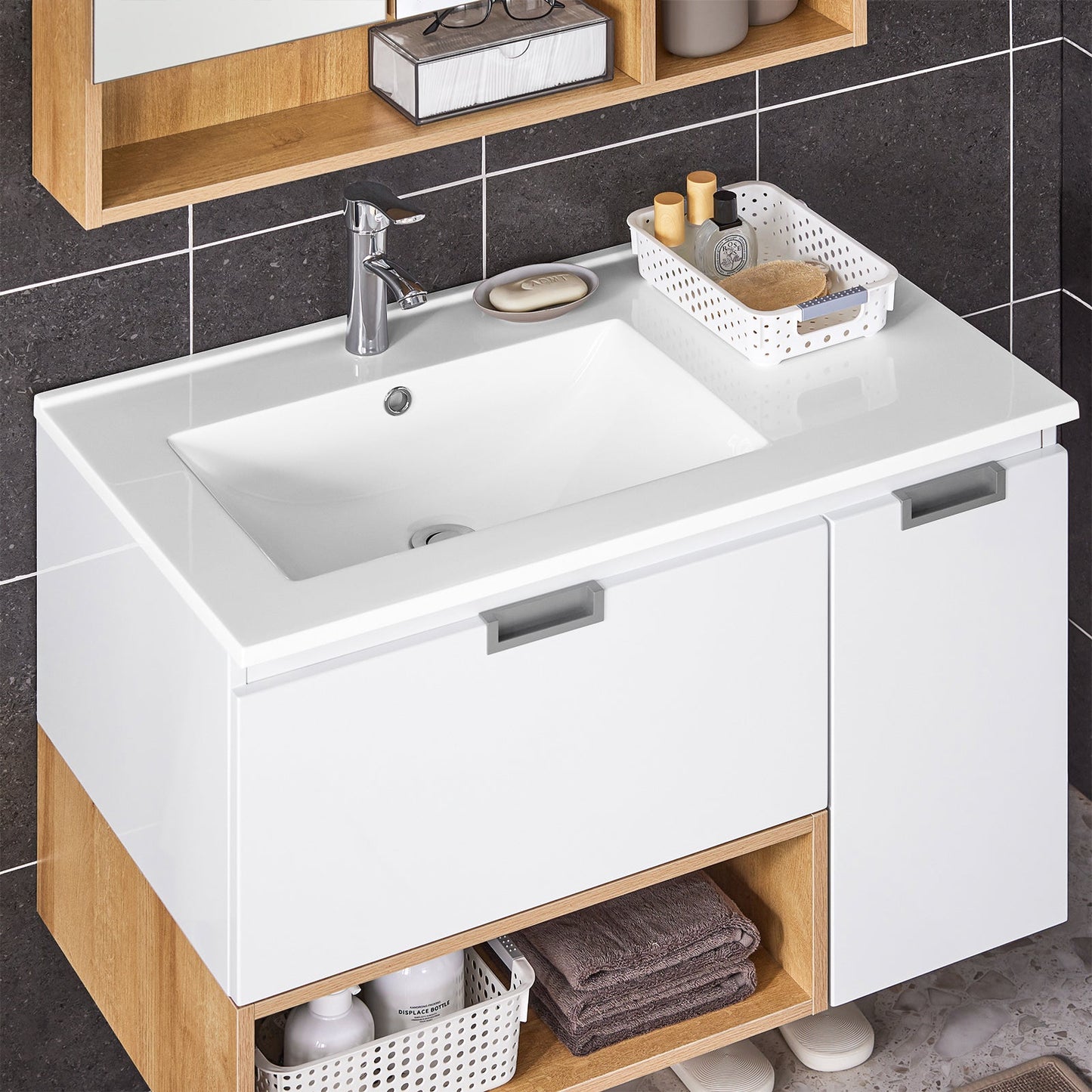SoBuy BZR178-WN Wastafelonderkast met wastafel – 80x54x46 cm – Wit/Naturel – Smal badkamermeubel