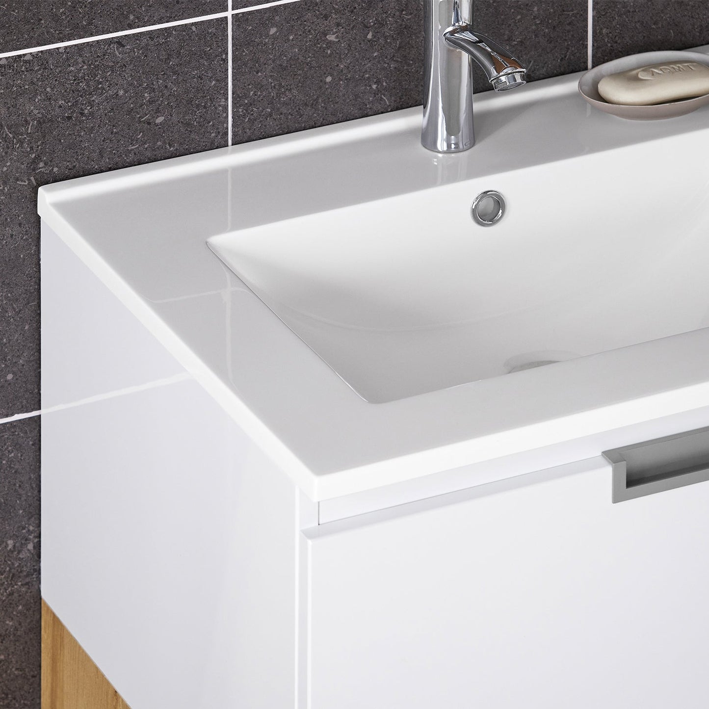 SoBuy BZR178-WN Wastafelonderkast met wastafel – 80x54x46 cm – Wit/Naturel – Smal badkamermeubel