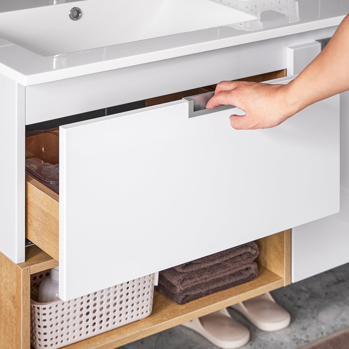 SoBuy BZR178-WN Wastafelonderkast met wastafel – 80x54x46 cm – Wit/Naturel – Smal badkamermeubel