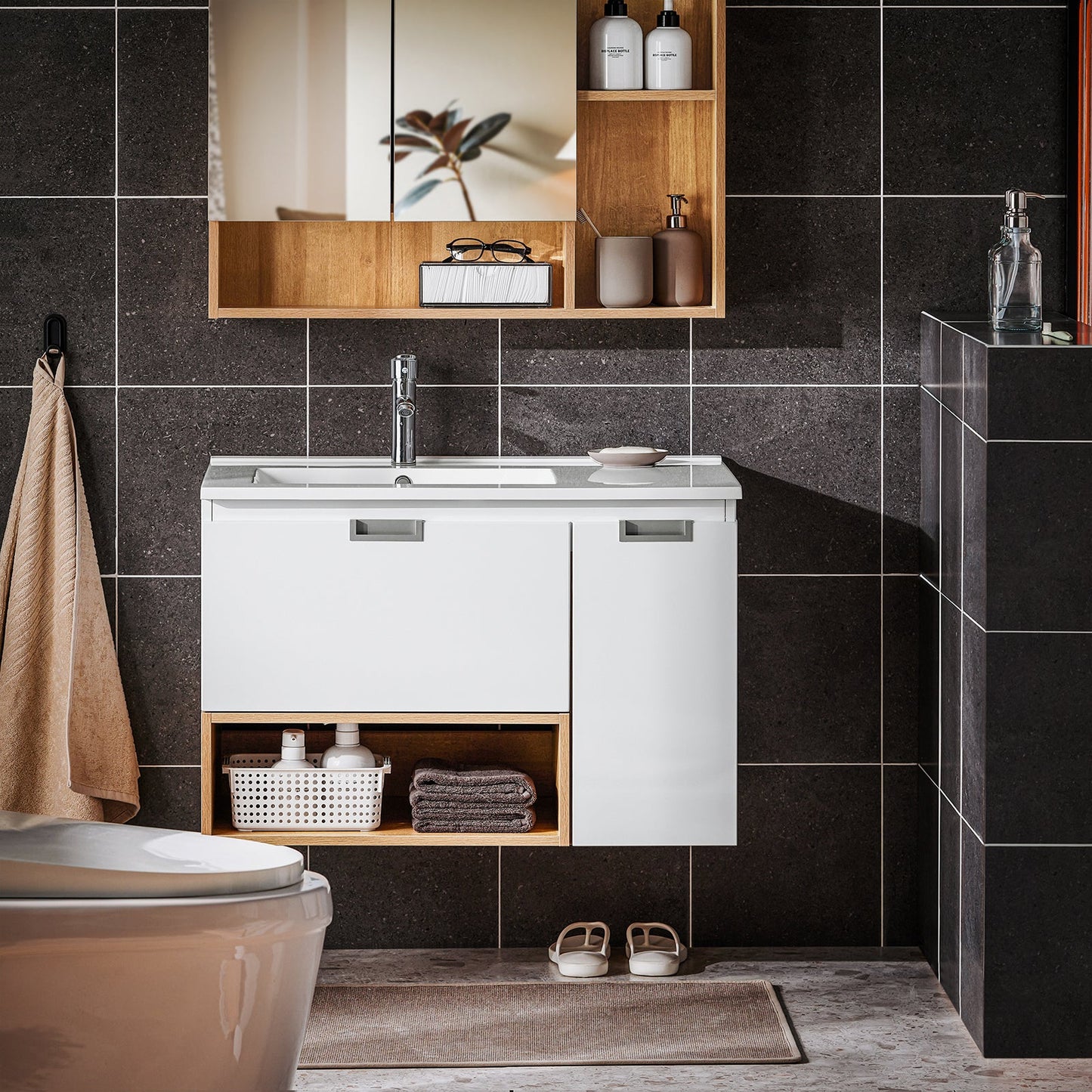 SoBuy BZR178-WN Wastafelonderkast met wastafel – 80x54x46 cm – Wit/Naturel – Smal badkamermeubel