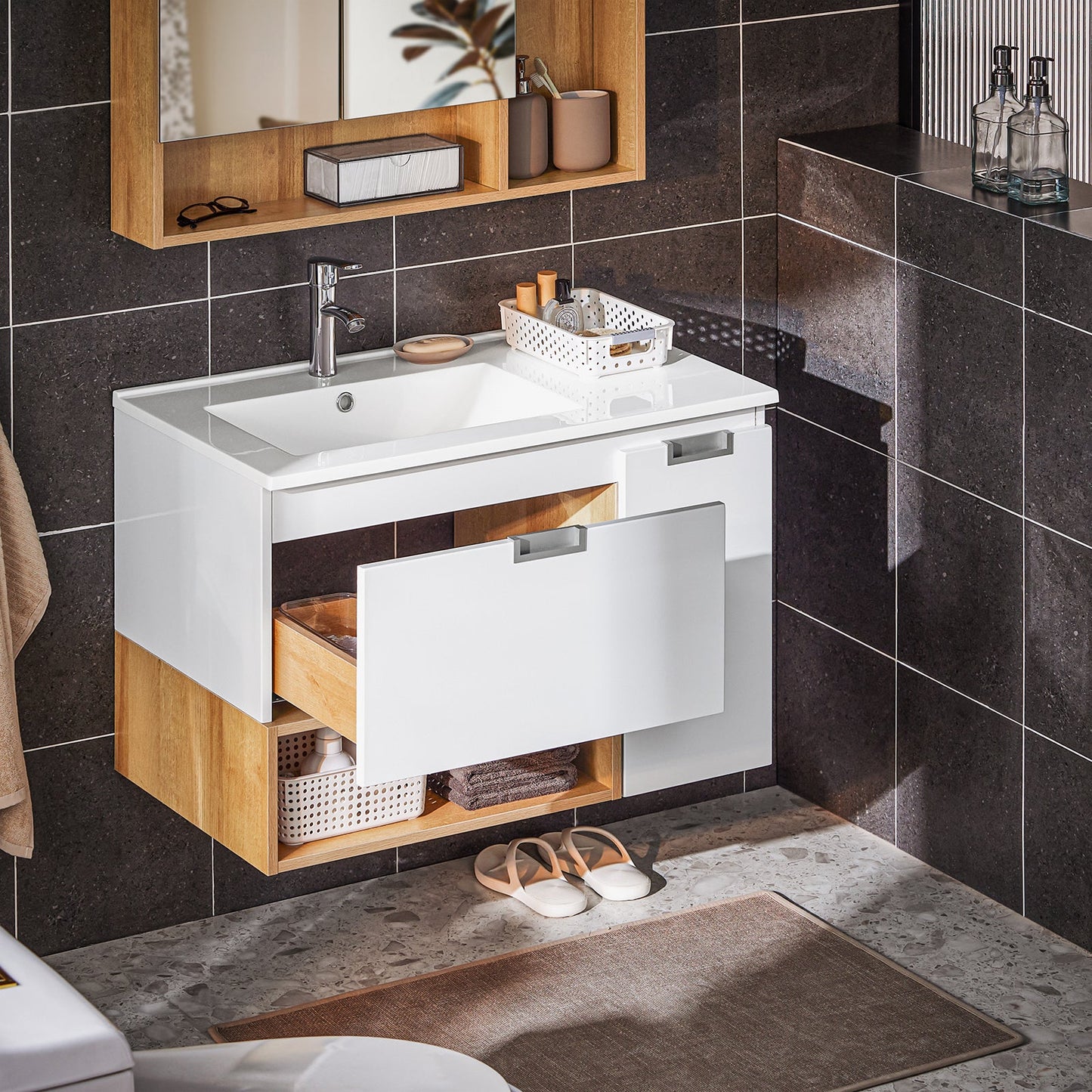 SoBuy BZR178-WN Wastafelonderkast met wastafel – 80x54x46 cm – Wit/Naturel – Smal badkamermeubel