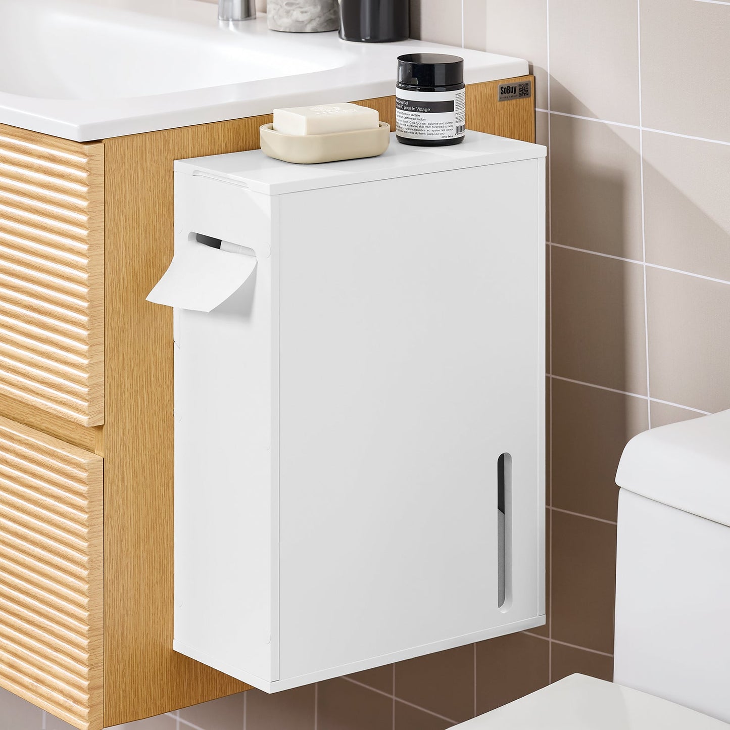 sobuy Toiletpapierhouder Opbergkast - Wit - 14 × 30 × 42 cm - Muurbevestigd