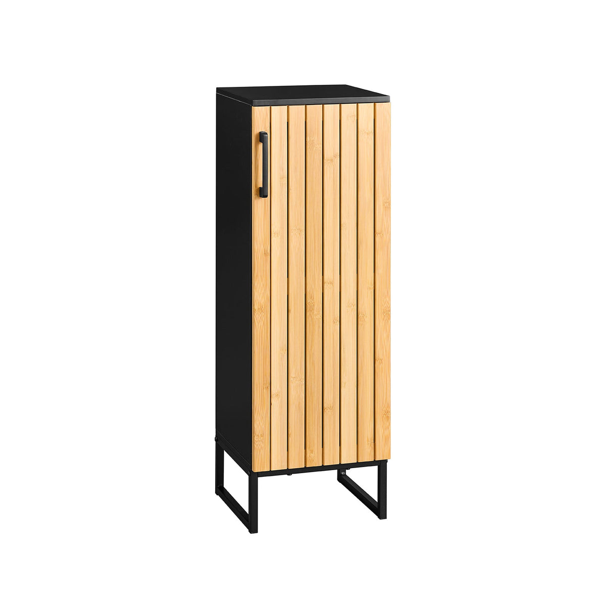 sobuy Smalle badkamerkast - 30x30x90 cm – bamboe & zwart – compact badkamermeubel met deur en verstelbare planken