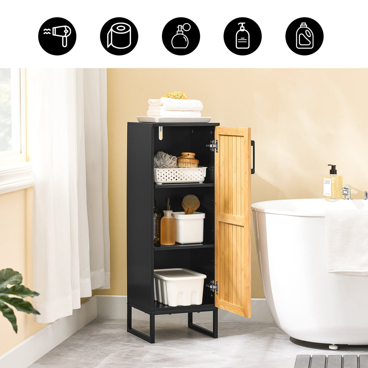 sobuy Smalle badkamerkast - 30x30x90 cm – bamboe & zwart – compact badkamermeubel met deur en verstelbare planken