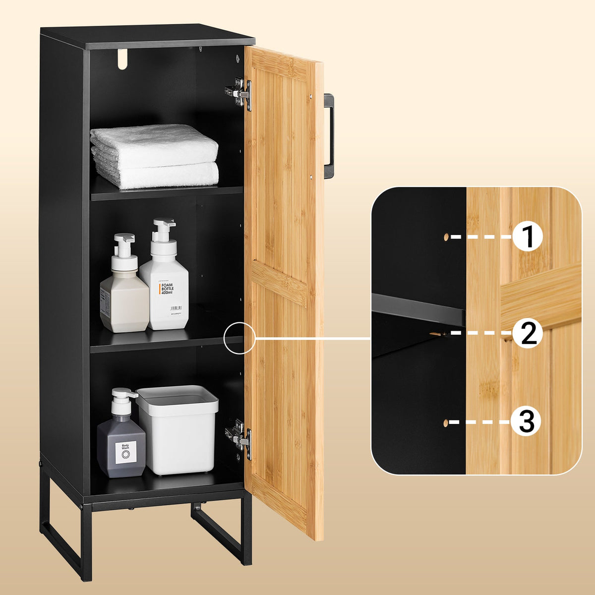 sobuy Smalle badkamerkast - 30x30x90 cm – bamboe & zwart – compact badkamermeubel met deur en verstelbare planken