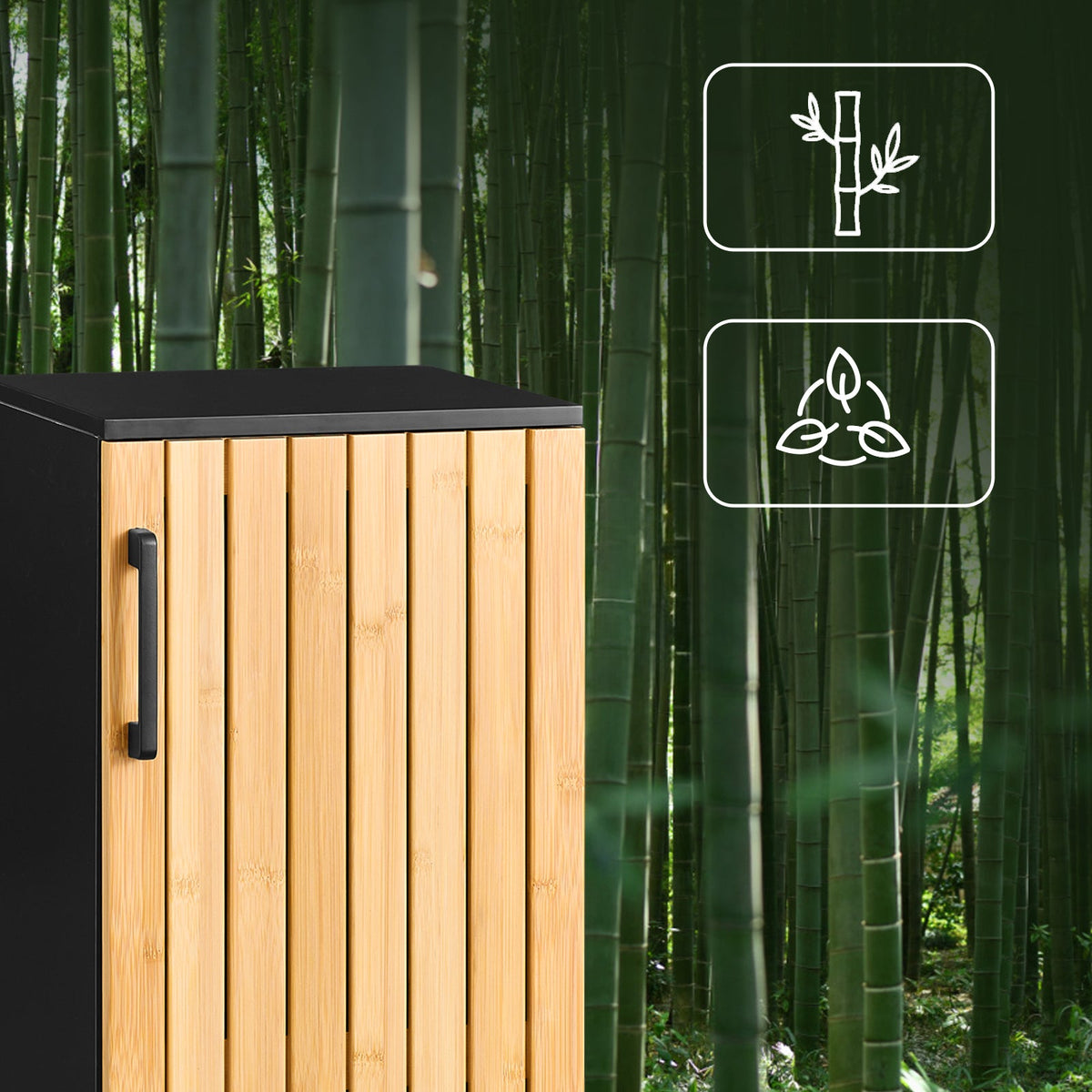 sobuy Smalle badkamerkast - 30x30x90 cm – bamboe & zwart – compact badkamermeubel met deur en verstelbare planken