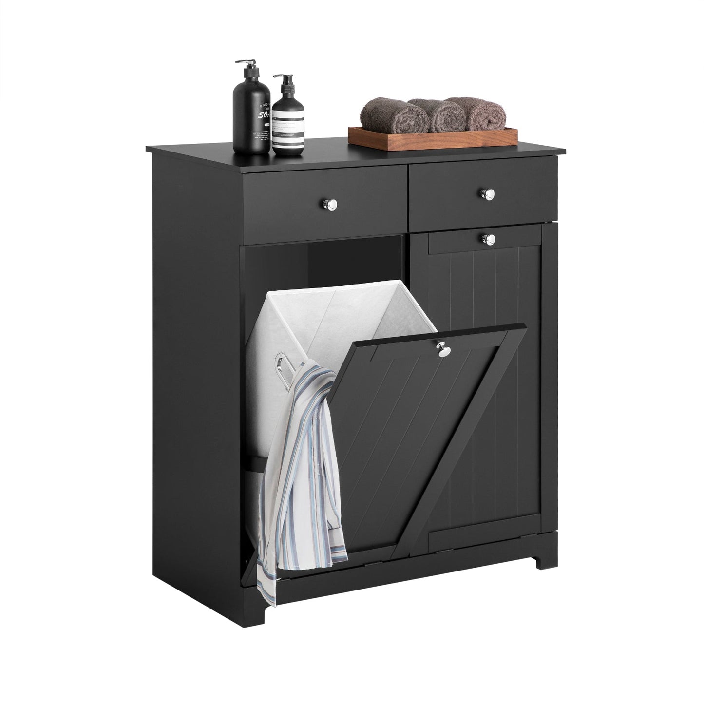 SoBuy Badkamerkast BZR33-SCH - Hout - 2 Lades en 2 Kantelbare Wasmanden - 78 x 91 x 38 cm - Zwart