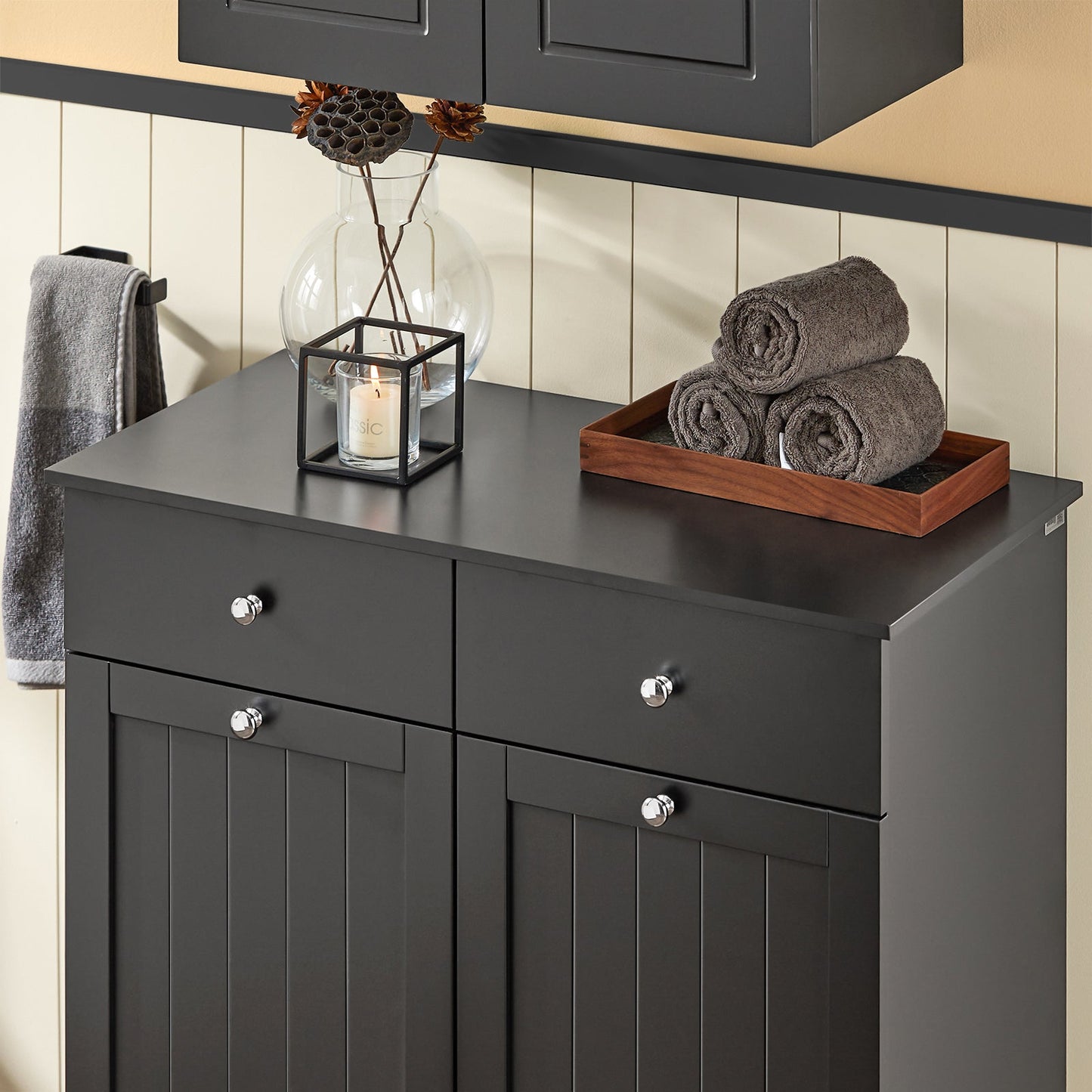 SoBuy Badkamerkast BZR33-SCH - Hout - 2 Lades en 2 Kantelbare Wasmanden - 78 x 91 x 38 cm - Zwart