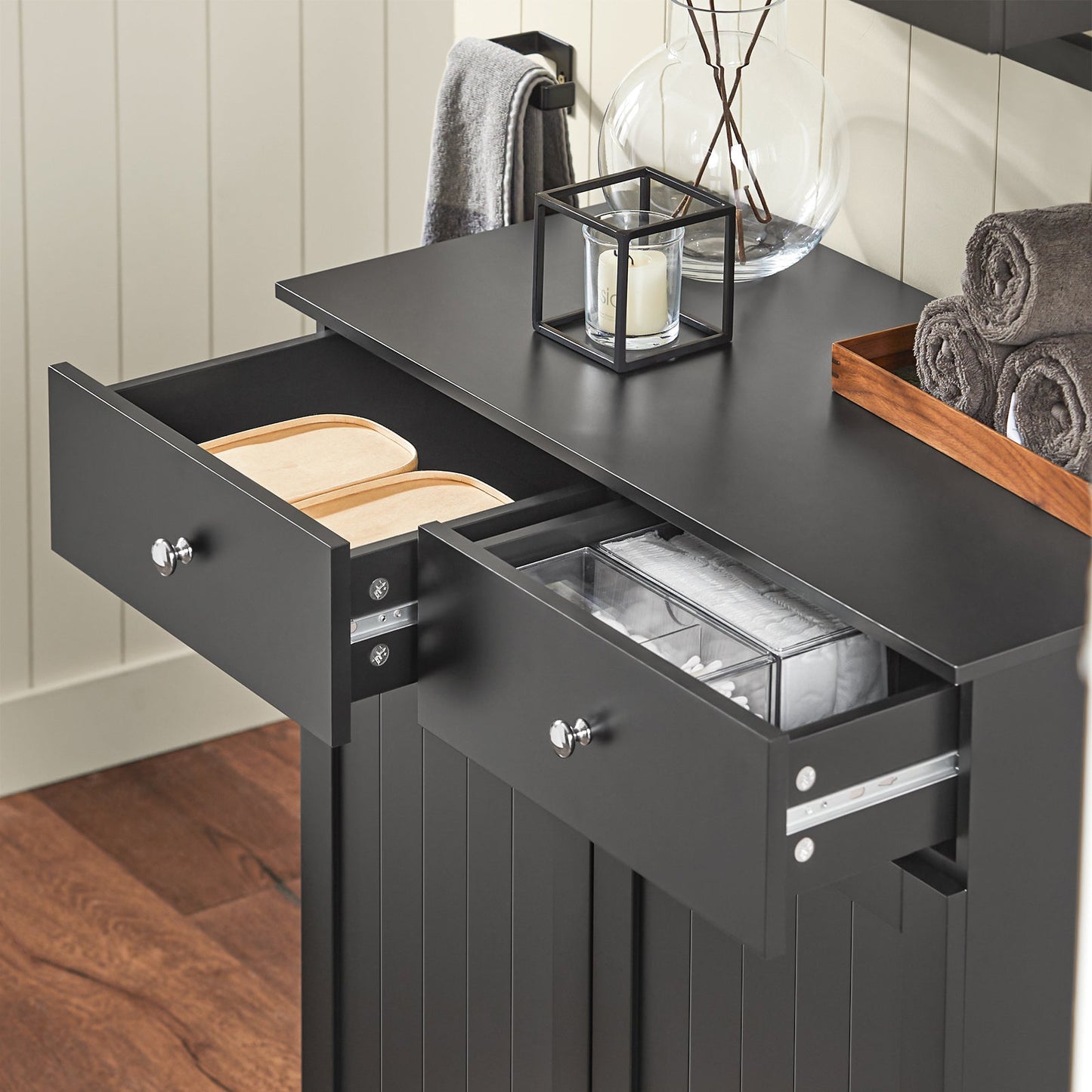 SoBuy Badkamerkast BZR33-SCH - Hout - 2 Lades en 2 Kantelbare Wasmanden - 78 x 91 x 38 cm - Zwart
