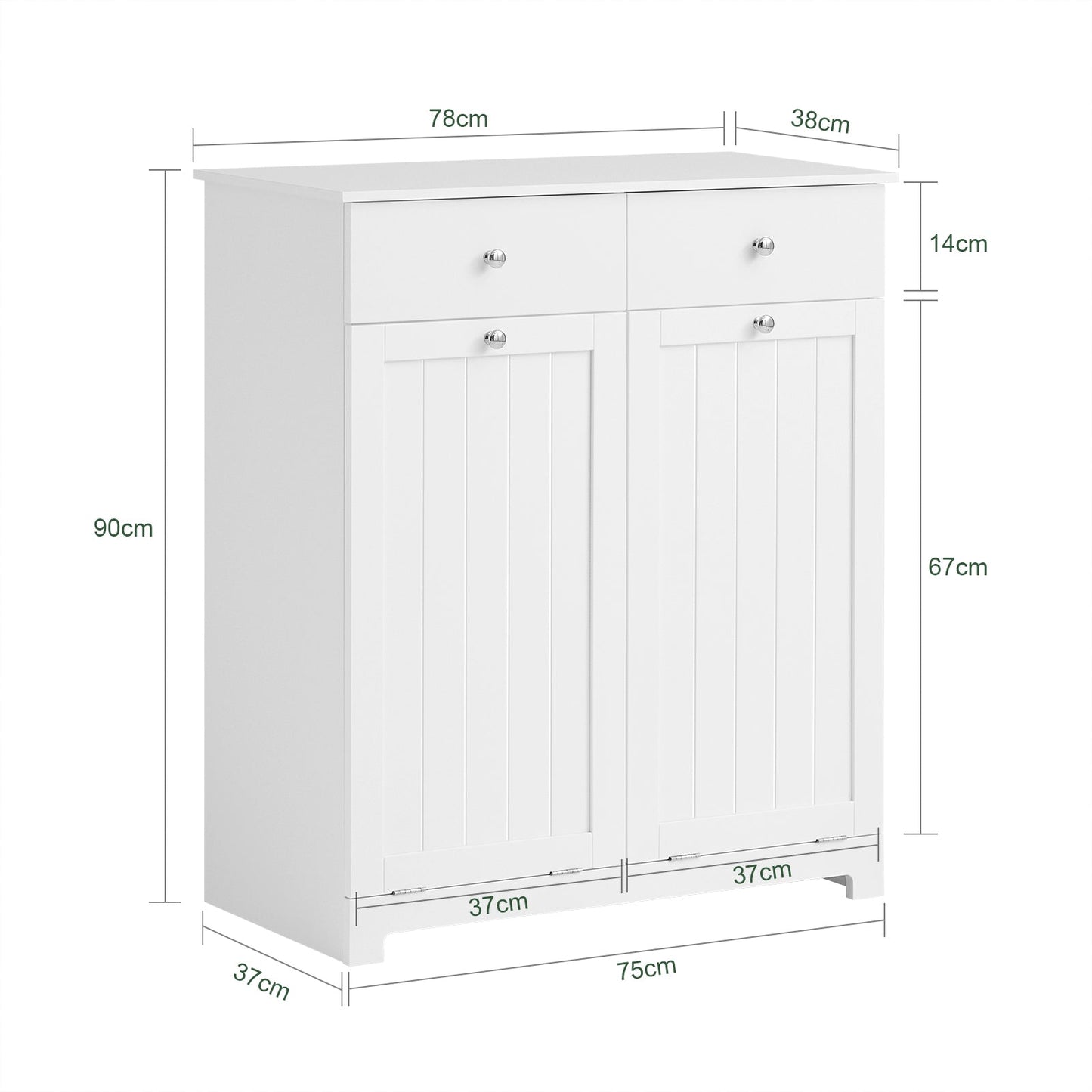 SoBuy BZR33-II-W Badkamerkast Met 2 Lades - 2 Verwijderbare Wasmanden – Modern Design – Wit – 78x38x90 cm