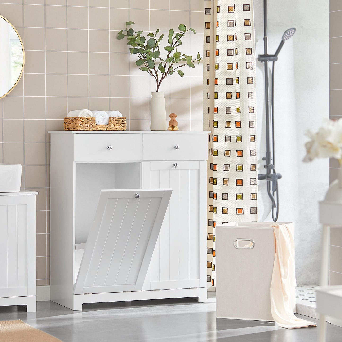 SoBuy BZR33-II-W Badkamerkast Met 2 Lades - 2 Verwijderbare Wasmanden – Modern Design – Wit – 78x38x90 cm