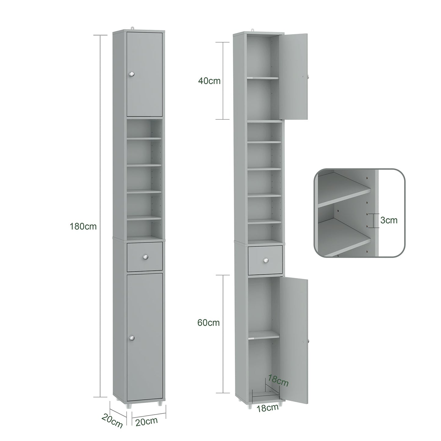 SoBuy BZR34-II-HG Hoge Badkamerkast - Smal Vrijstaand Badkamermeubel - Waterbestendig MDF - 20x20x180 cm - Grijs