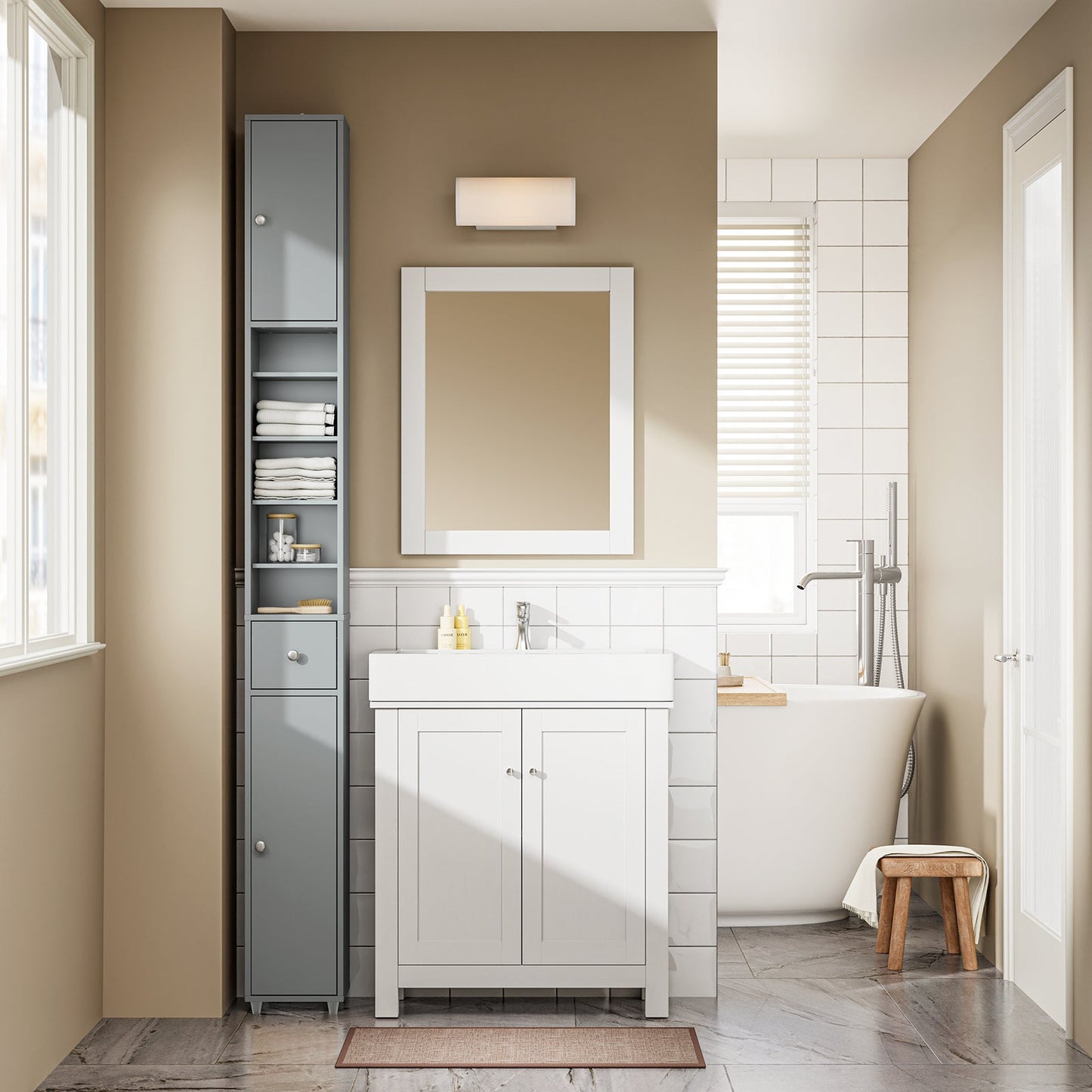 SoBuy BZR34-II-HG Hoge Badkamerkast - Smal Vrijstaand Badkamermeubel - Waterbestendig MDF - 20x20x180 cm - Grijs