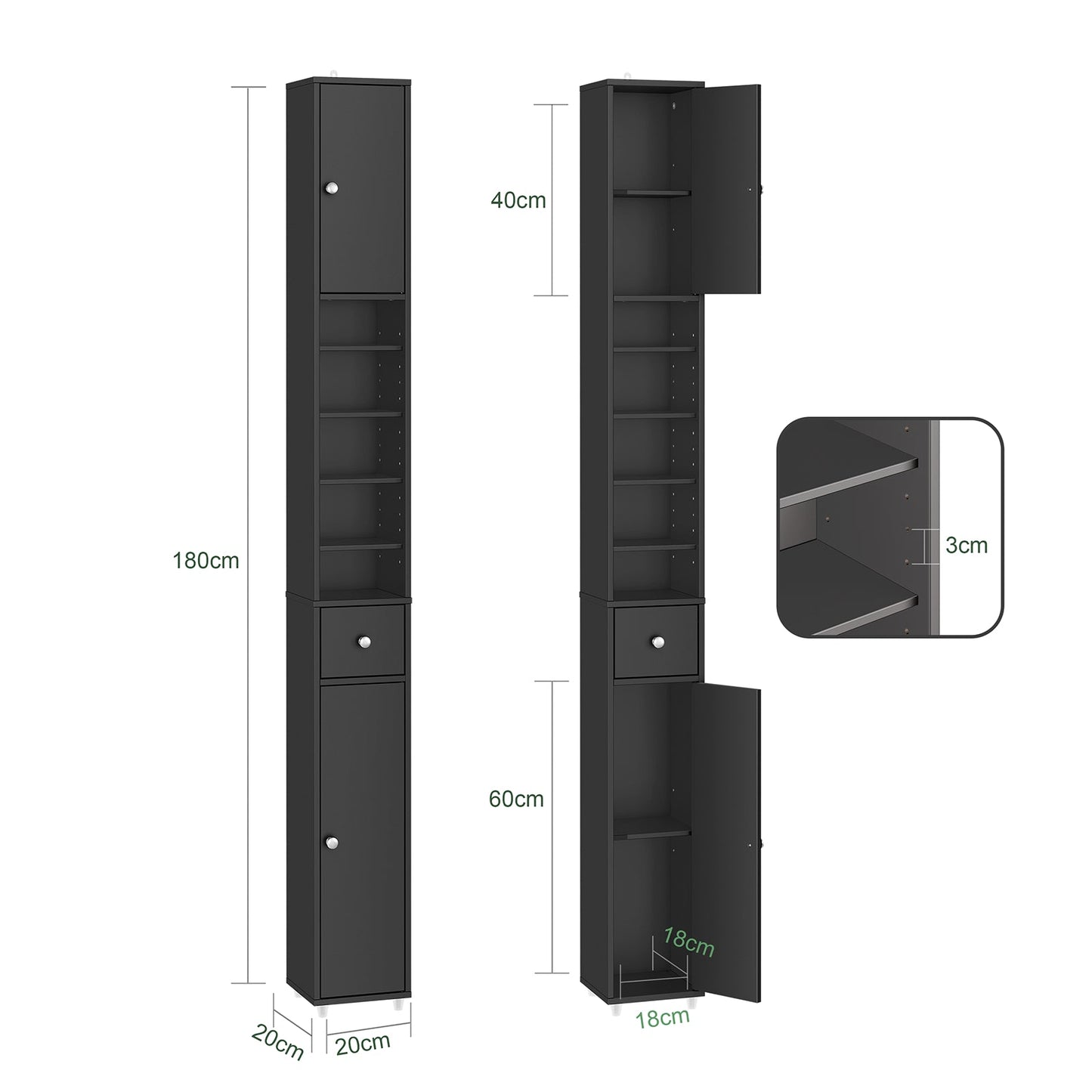 SoBuy Hoge Smalle Badkamerkast - Lade - Verstelbare Planken – Zwart – 20 x 20 x 180 cm